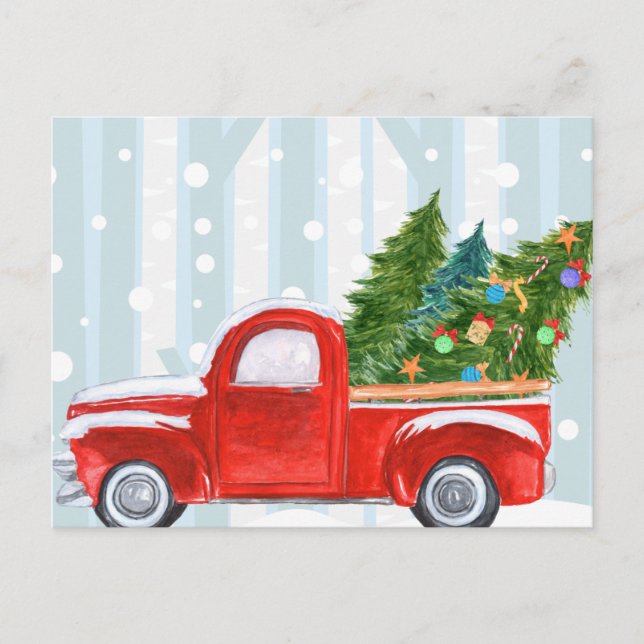 Postal Festiva Camión Recogido Rojo navidades en un camino de nie (Anverso)