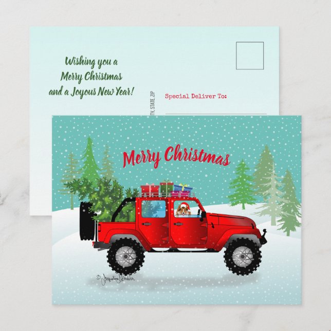Postal Festiva Camión Rojo 4x4 con Sable Sheltie, Santa Hat (Anverso / Reverso)
