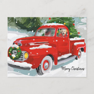 Postal Festiva Camión Rojo Navideño Adorable Con Perro