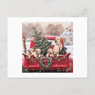 Postal Festiva Camión Rojo Retro De Navidades Cuidados Con Perros