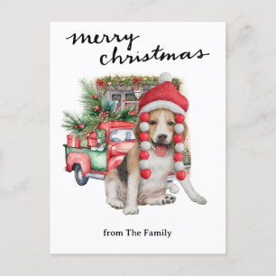 Postal Festiva Camión rojo vintage con Navidades de perros