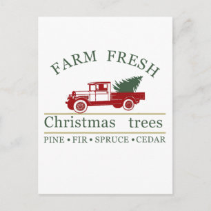 Postal Festiva Camioneta Roja Clásica Vintage Granja Fresca Árbol