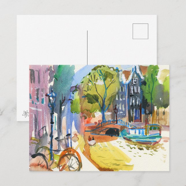 Postal Festiva Canal de Amsterdam con bicicletas - Arte acuático (Anverso / Reverso)