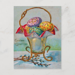 Postal Festiva Canasta de Pascua Antigua Huevo de Colores