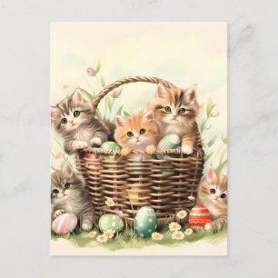 Postal Festiva Canasta de Pascua de Gatito de Primavera