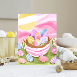 Postal Festiva Canasta de Pascua Rosa | Acuarela Pastel