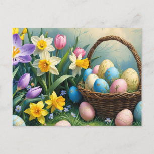 Postal Festiva Canasta de Pascua y flores de primavera 