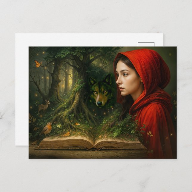 Postal Festiva Caperucita roja se encuentra con lobo en el bosque (Anverso / Reverso)