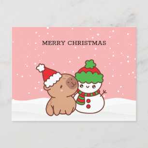 Postal Festiva Capibara Y Snowman Cute Navidades