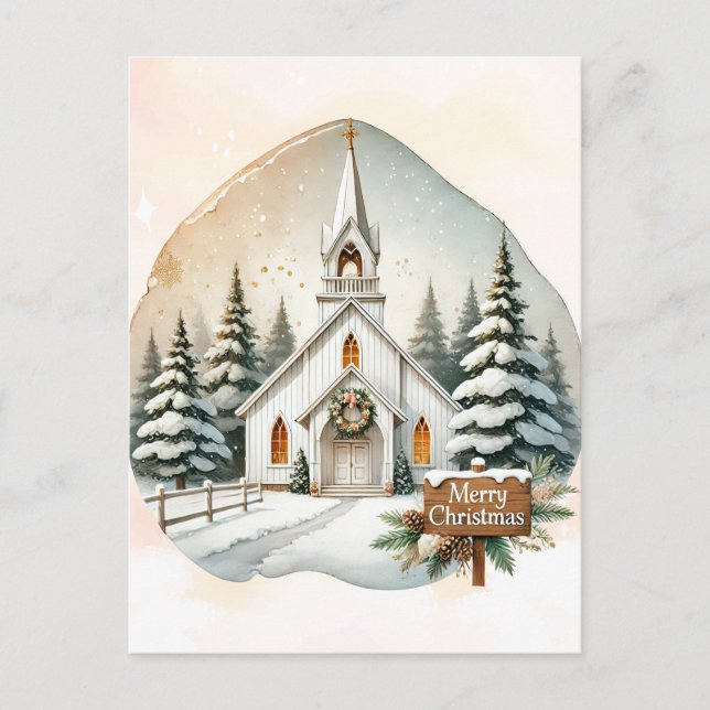 Postal Festiva Capilla blanca del campo | Escena de Navidades noc (Anverso)