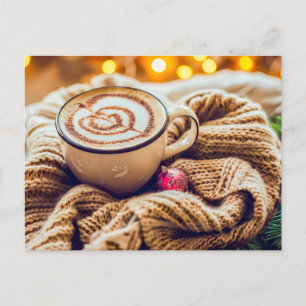 Postal Festiva Cappuccino con adorno navideño en manta