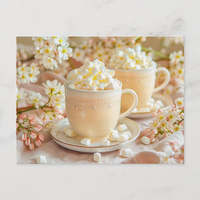 Postal Festiva Cappuccino con malvaviscos y ramas de flores (Anverso)