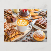 Cappuccino con pasteles variados y chocolate