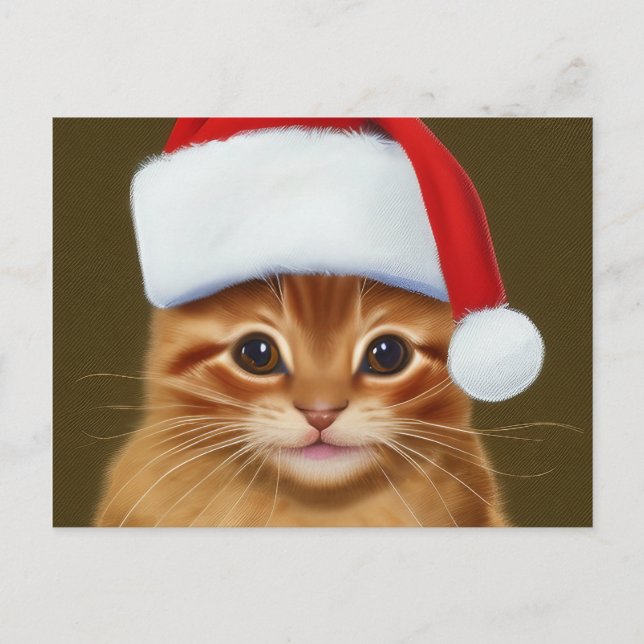 Postal Festiva Cara de gato de jengibre con sombrero de Santa (Anverso)