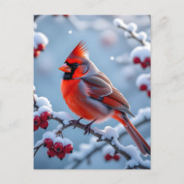 Postal Festiva Cardenal Bonito en una rama de nieve Navidades
