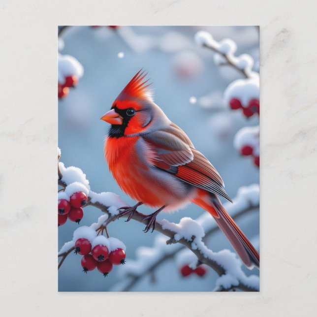 Postal Festiva Cardenal Bonito en una rama de nieve Navidades (Anverso)