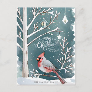 Postal Festiva Cardenal rojo Snowy Navidades del paisaje invernal