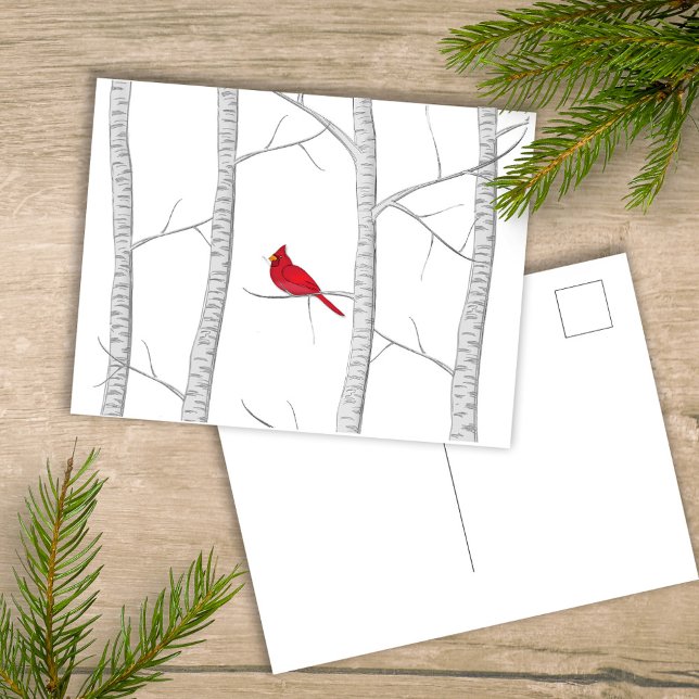 Postal Festiva Cardenal rojo Woodland Winter Tree Rustic Country (Simple winter botanical red cardinal postcard with a minimalist design.)