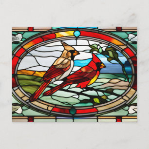 Postal Festiva Cardenales de Vidrio Pintado en Rama de Árbol