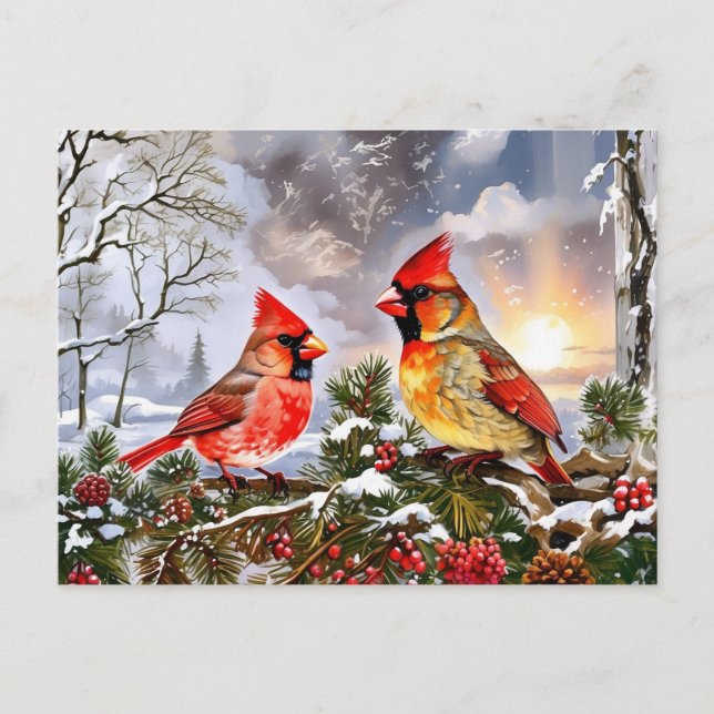 Postal Festiva Cardenales rojos con paisaje de invierno de Berrie (Anverso)