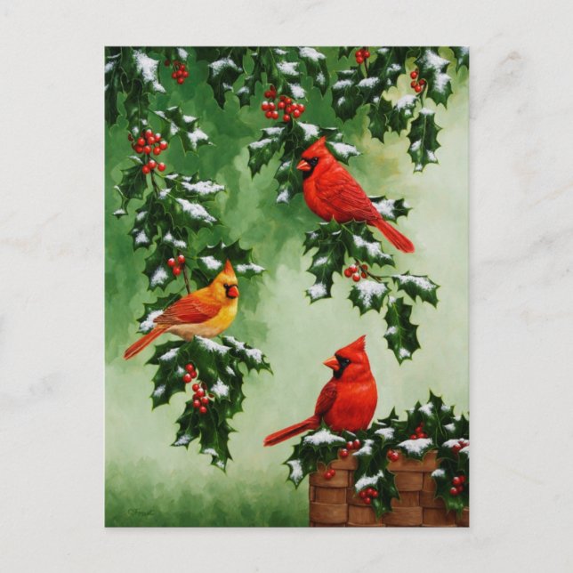 Postal Festiva Cardenales rojos y Navidades Holly (Anverso)