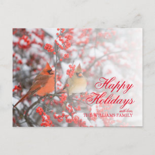Postal Festiva Cardenales septentrionales en Winterberry común e
