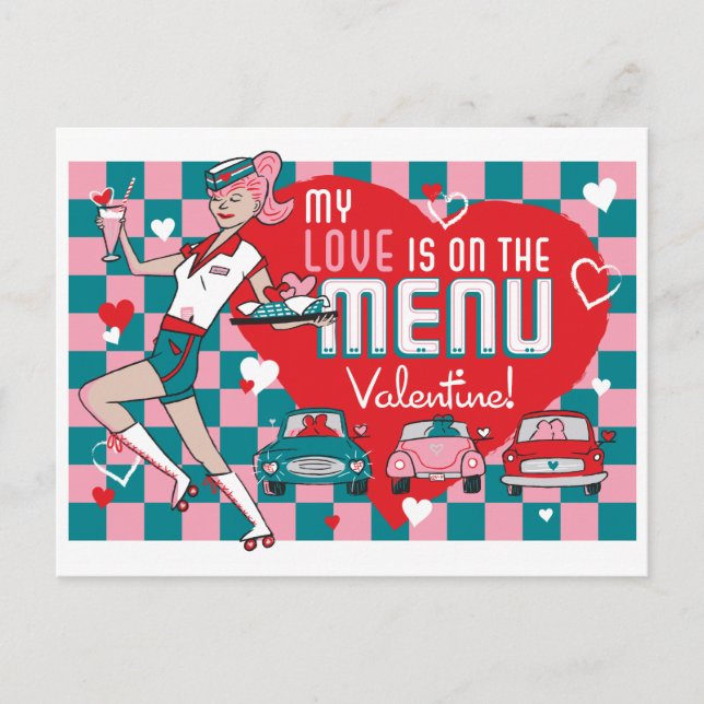 Postal Festiva Carhop Retro Drive-In Valentine Postcard (Anverso)