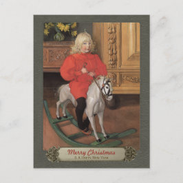 Postal Festiva Carl Larsson Boy en un cabalgón balancín Navidades