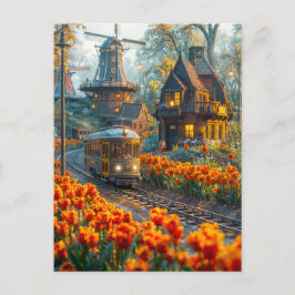 Postal Festiva Carrito en miniatura en un pueblo de jardín de tul