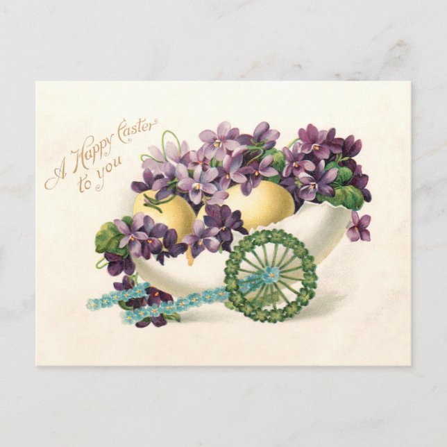 Postal Festiva Carro de huevo de pascua con violetas (Anverso)