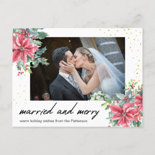 Postal Festiva Carta de mano Casada y foto de Merry Newwed