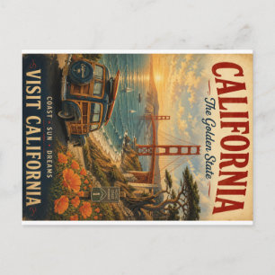 Postal Festiva Cartel de viaje vintage de California con Golden G
