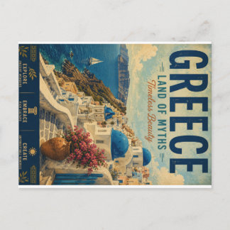 Postal Festiva Cartel de viaje vintage de Grecia con pueblo coste