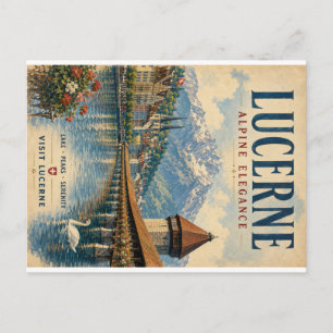 Postal Festiva Cartel de viaje vintage de Lucerna con picos alpin