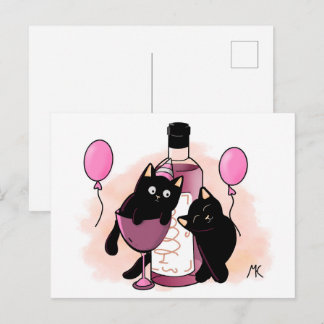 Postal Festiva Cartoon black Cats party with Balloons and Wine