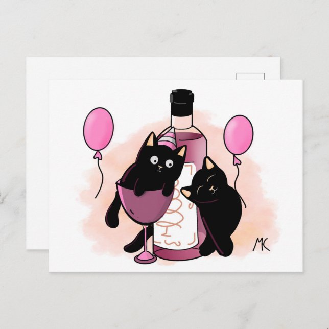 Postal Festiva Cartoon black Cats party with Balloons and Wine (Anverso / Reverso)