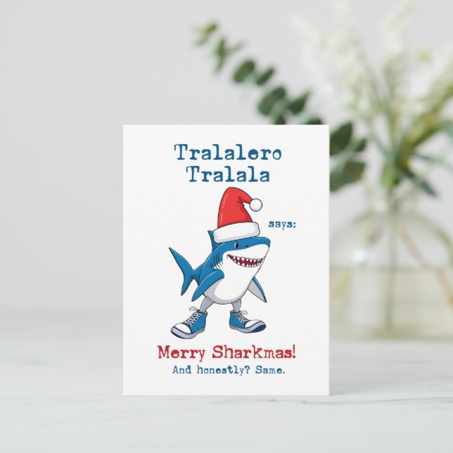 Postal Festiva Cartoon Tralalero Tralala Says Merry Sharkmas (Anverso de pie)