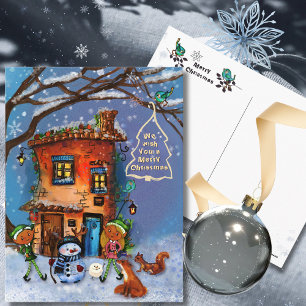 Postal Festiva Casa Caprichosa y Amigos del Bosque Invernal