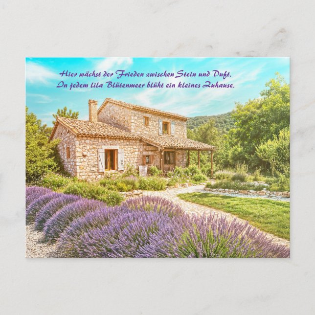 Postal Festiva Casa de campo con paisaje de jardín de Lavender (Anverso)