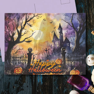 Postal Festiva Casa de fantasmas con brillo embrujado Halloween