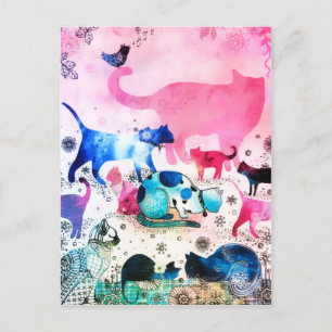 Postal Festiva Casa de Fiesta de Gatos Brillo Arte Acuarela Rosa