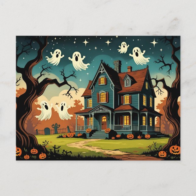 Postal Festiva Casa de Halloween de época (Anverso)