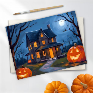 Postal Festiva Casa embrujada de Halloween Jack-O-Lanterns Acuare