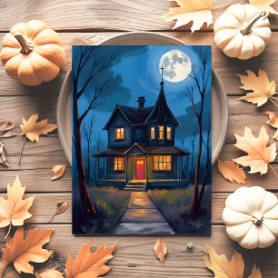 Postal Festiva Casa Embrujada Halloween Pintada a Mano