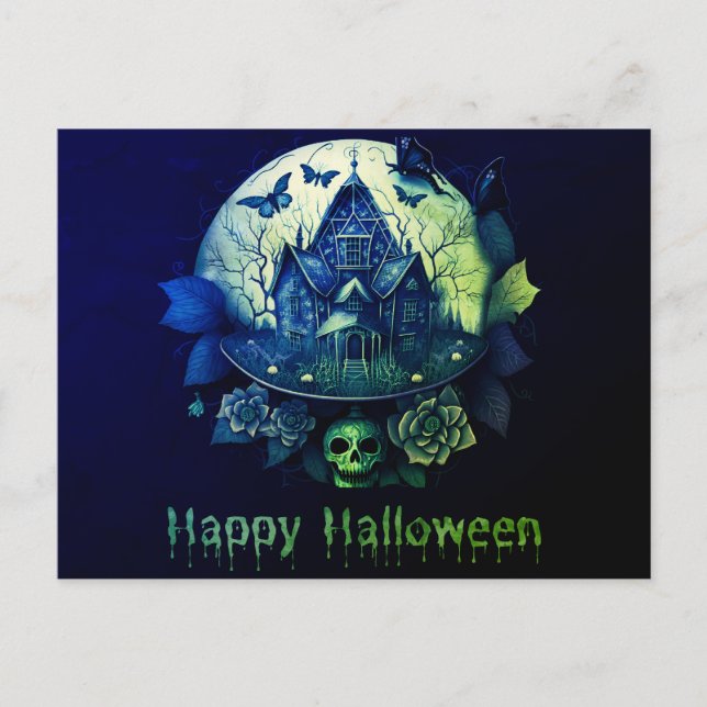 Postal Festiva Casa gótica morada verde feliz Halloween (Anverso)