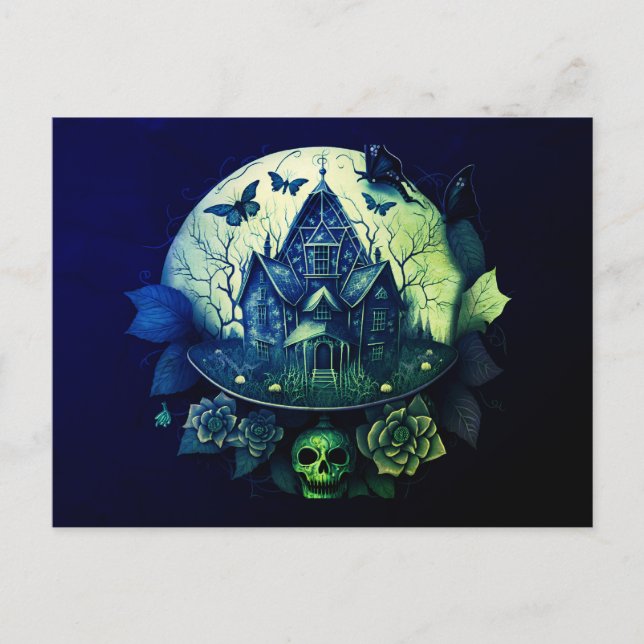 Postal Festiva Casa gótica verde y morada embrujada (Anverso)