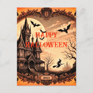 Postal Festiva Casa gótica victoriana embrujada Feliz Halloween