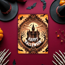 Postal Festiva Casa gótica victoriana embrujada Feliz Halloween