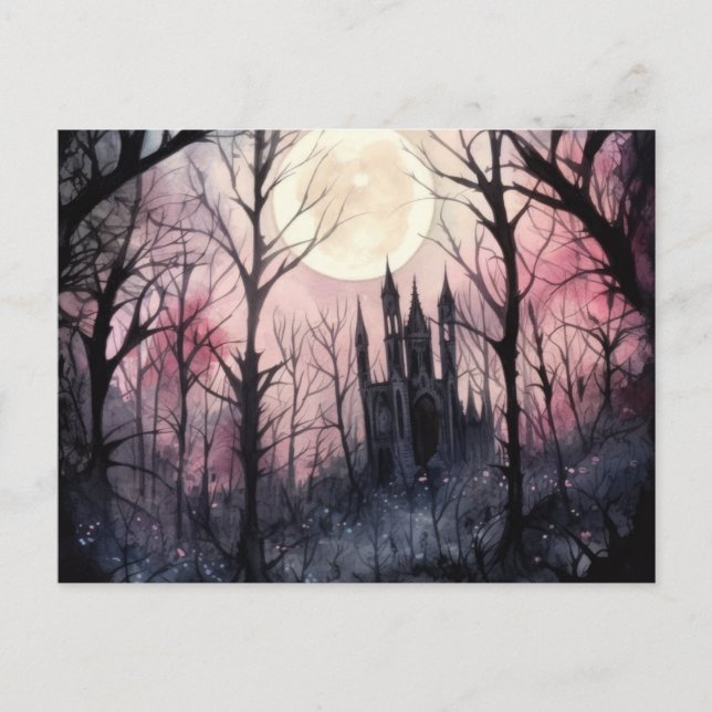 Postal Festiva Castillo gótico Bosque de Luna llena Halloween (Anverso)