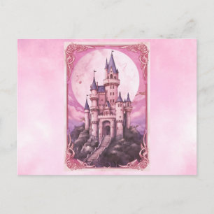 Postal Festiva Castillo Rosa Luna Llena Rosa Acuarela Halloween